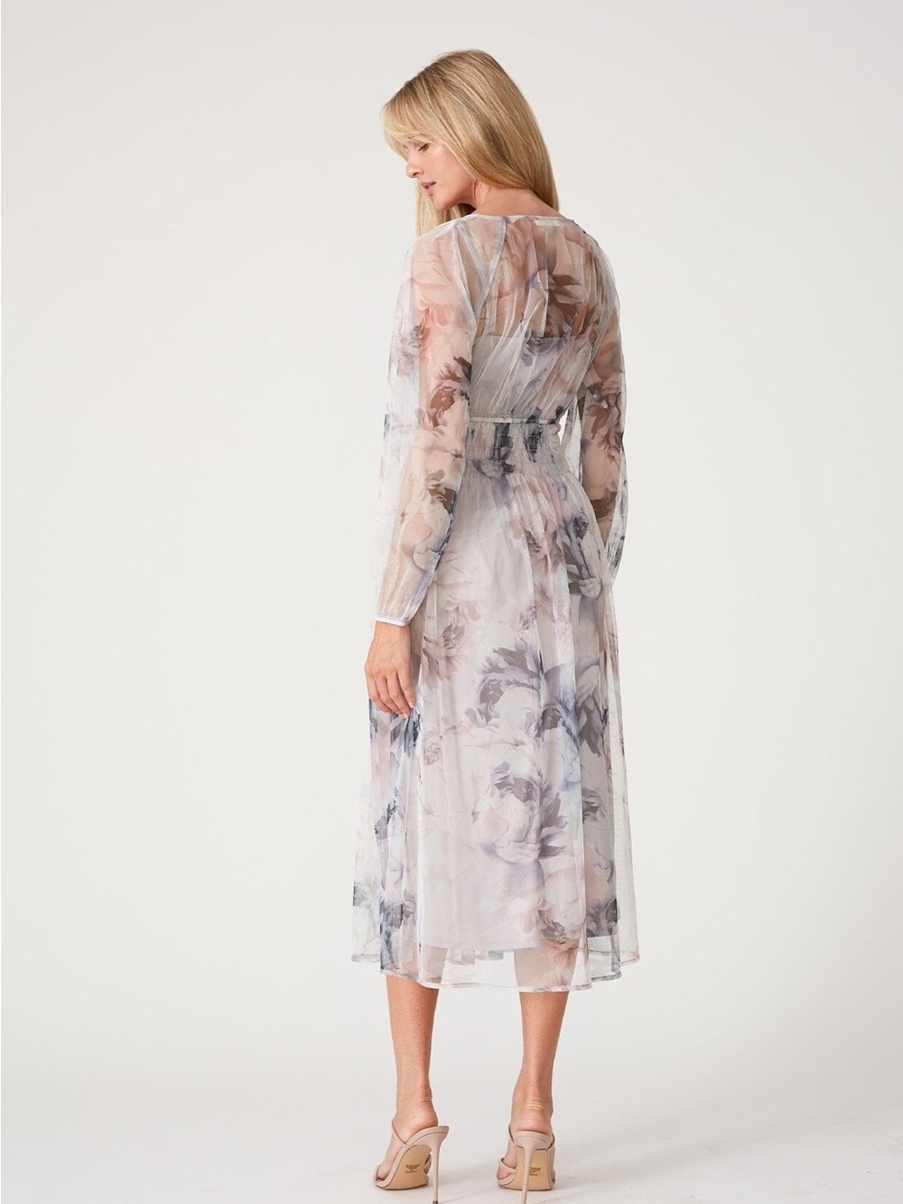 lovestitch Floral Sheer Long-Sleeve Midi Dress in Lavender and Blush